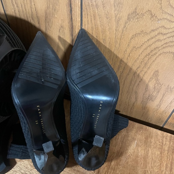 Zara Trafaluc"Black Stretchy Sock Mesh Pointed Toe Ankle Boot Stiletto Heels - Picture 10 of 15